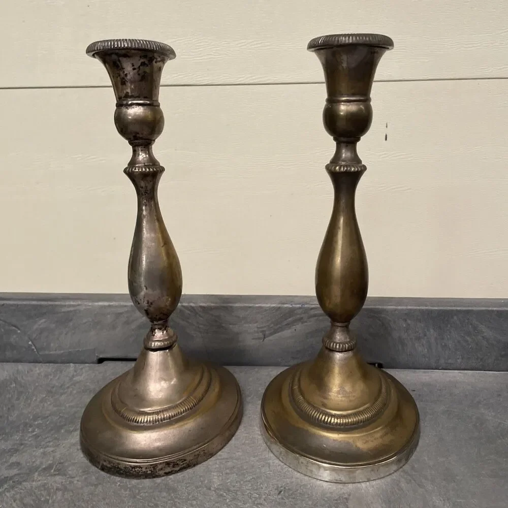 Vintage Silver-Plated Brass Candlesticks with Heavy Patina